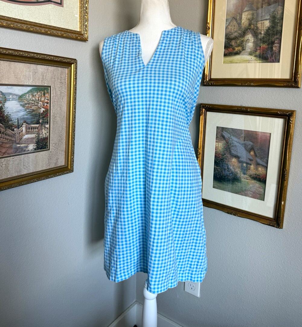 Lands' End 100% Cotton Blue/White Gingham Sleeveless Tennis V-Neck Dress Small
